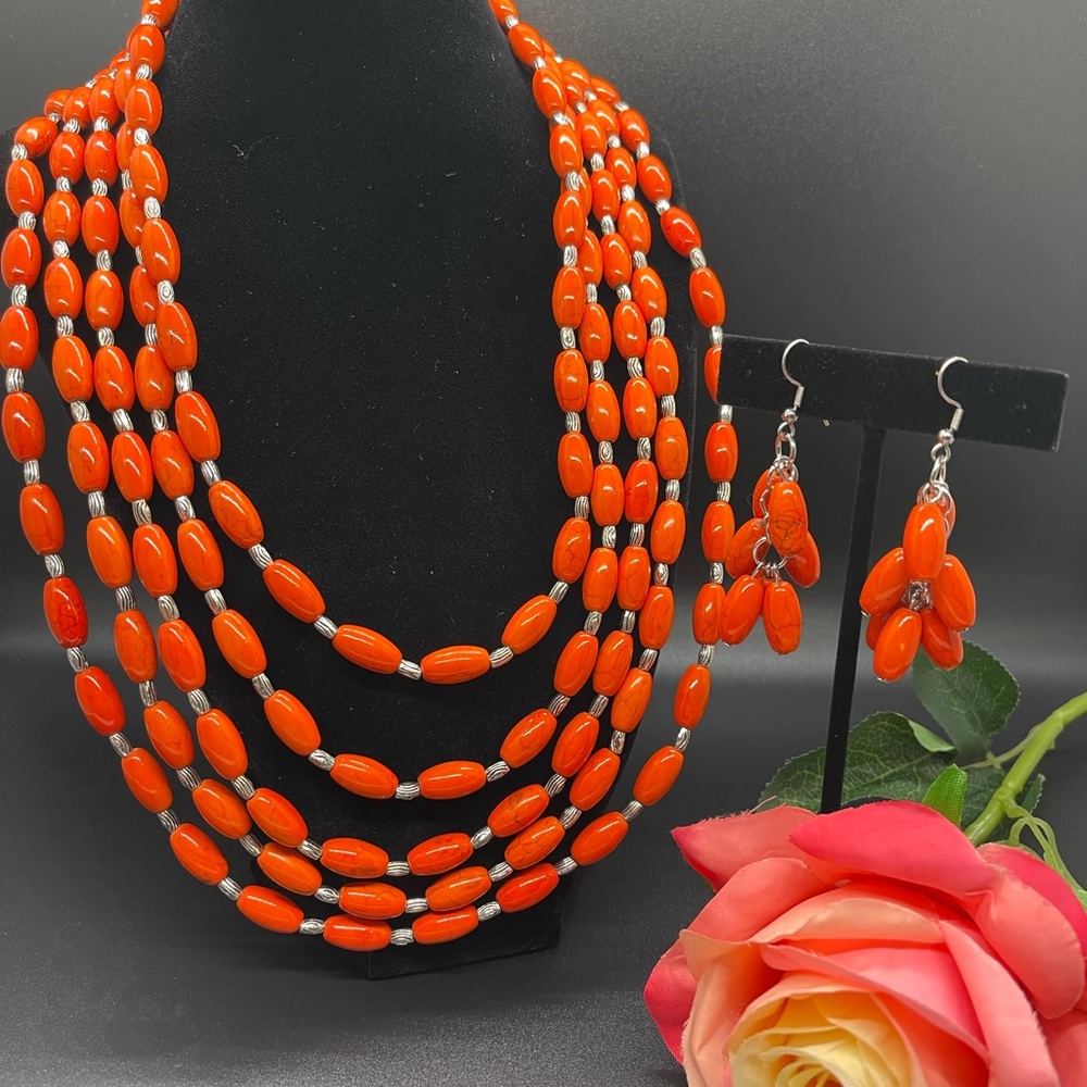 Orange Howlite Earrings and Neclace